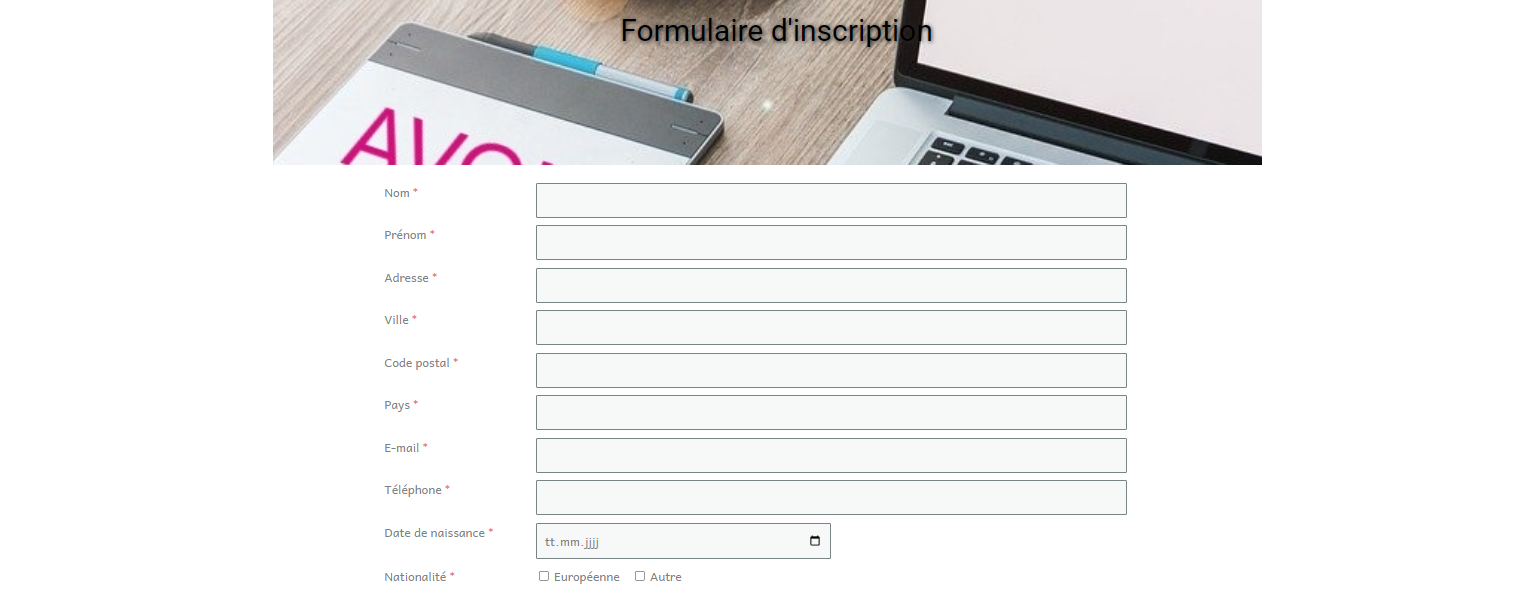 Formulaire d'inscription pour devenir ambassadrice Avon en France et Belgique